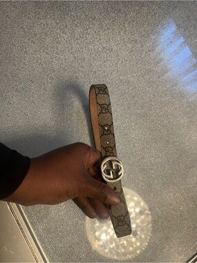 Gucci Brown Monogram Kids Belt with Silver Double-G Buckle